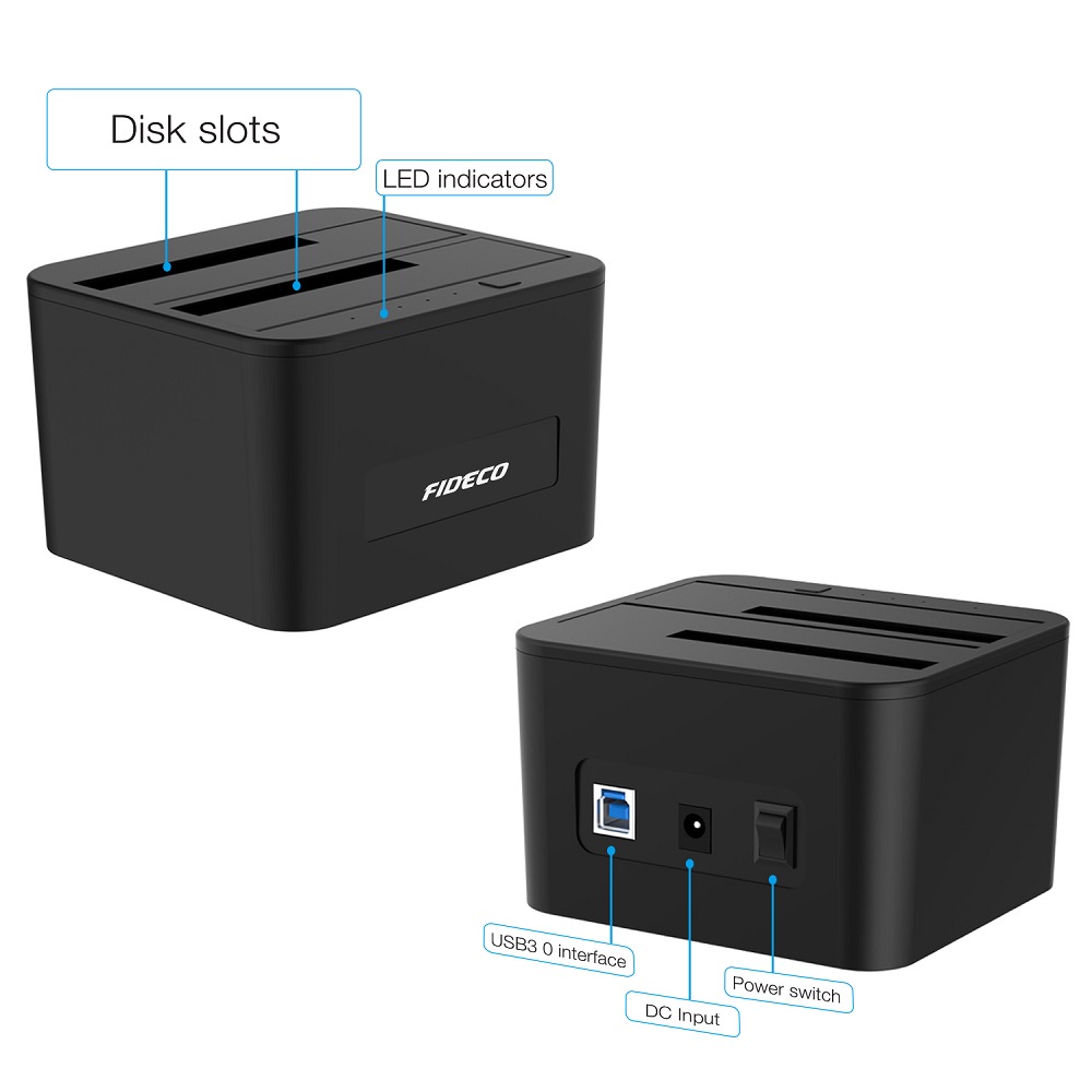 Docking Harddisk SSD 2 Bay Sata USB3.0 Cloning Dual Bay FIDECO Docking Station