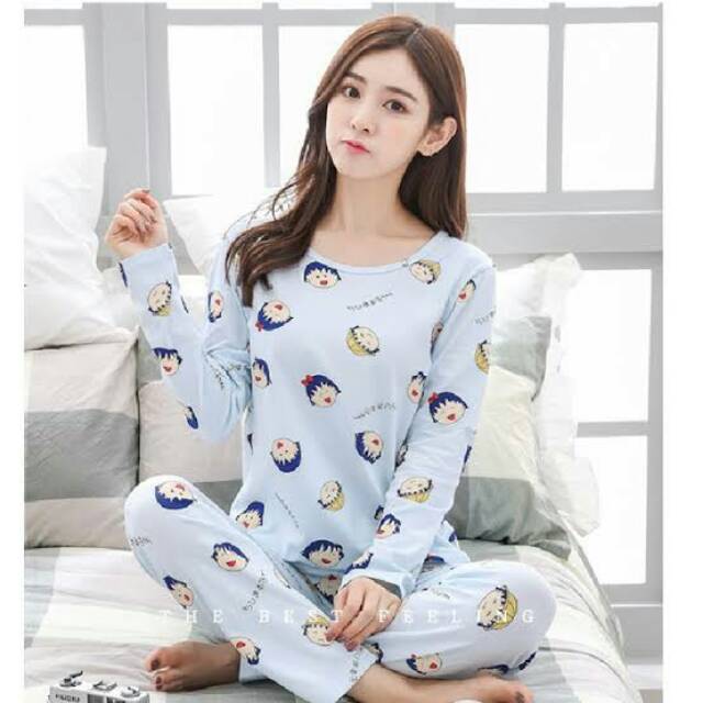 Set Piyama Setcel Korea Import Ori Kaos Cotton Karakter Kartun Chibi Maruko Chan Baju Tidur PP
