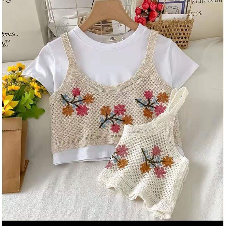 Atasan outer top motif bunga bahan knit merk yimina