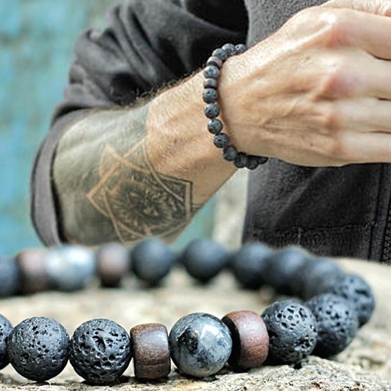 Gelang Manik-Manik Batu Vulkanik Alami Ukuran 8mm 19CM Untuk Pria Dan Wanita