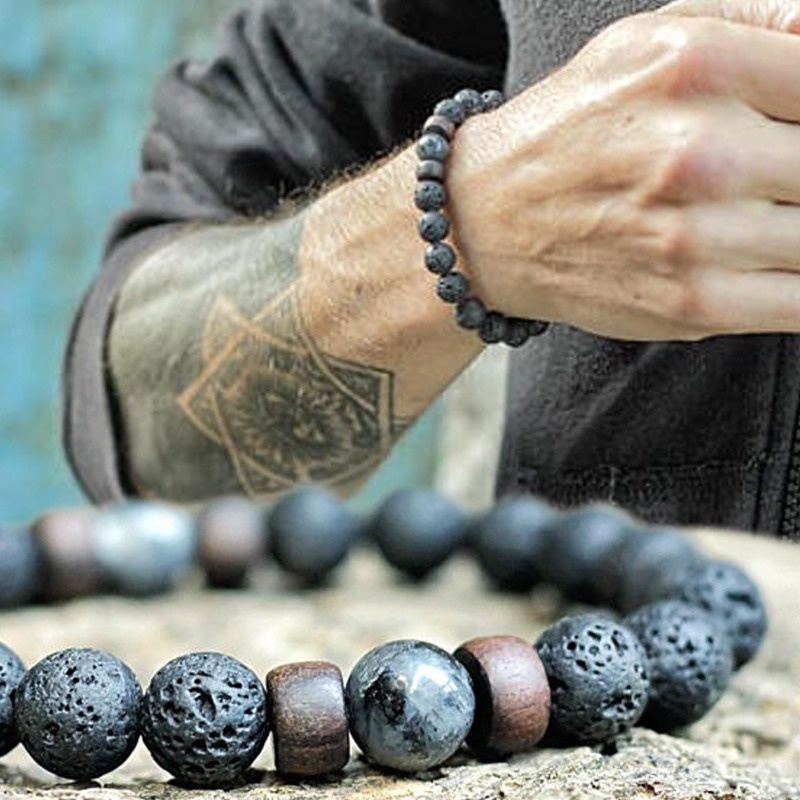 [Z H Perhiasan] Hip Hop Rock Retro Pria Fashion 8mm Batu Vulkanik Manik-Manik Kayu Batu Alam Beads Gelang Pesta Perhiasan Aksesoris