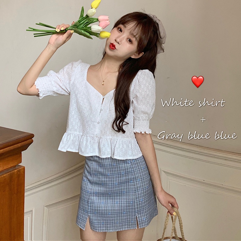 MOOGU ♡ Korean style set blouse atasan / rok kotak-kotak skirt wanita