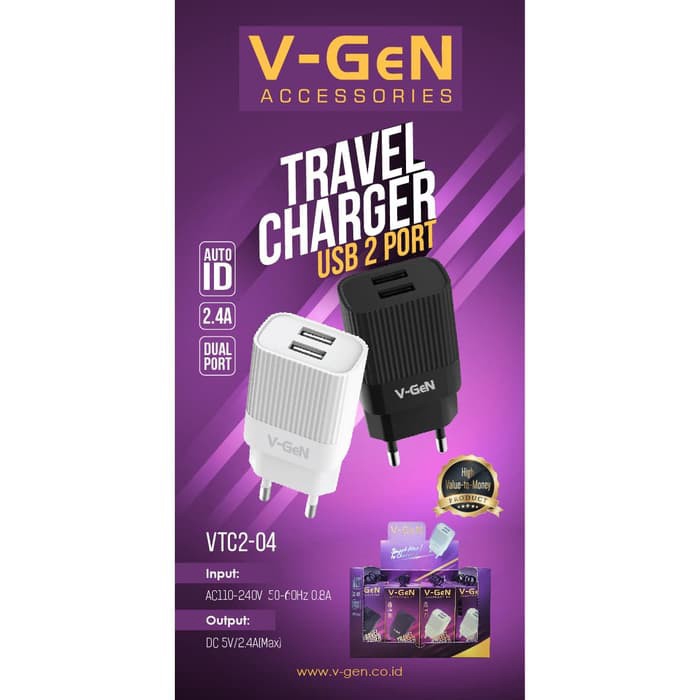 Adaptor Charger V-GeN VTC2-04 2.4A 2 Port Travel Charger VGEN