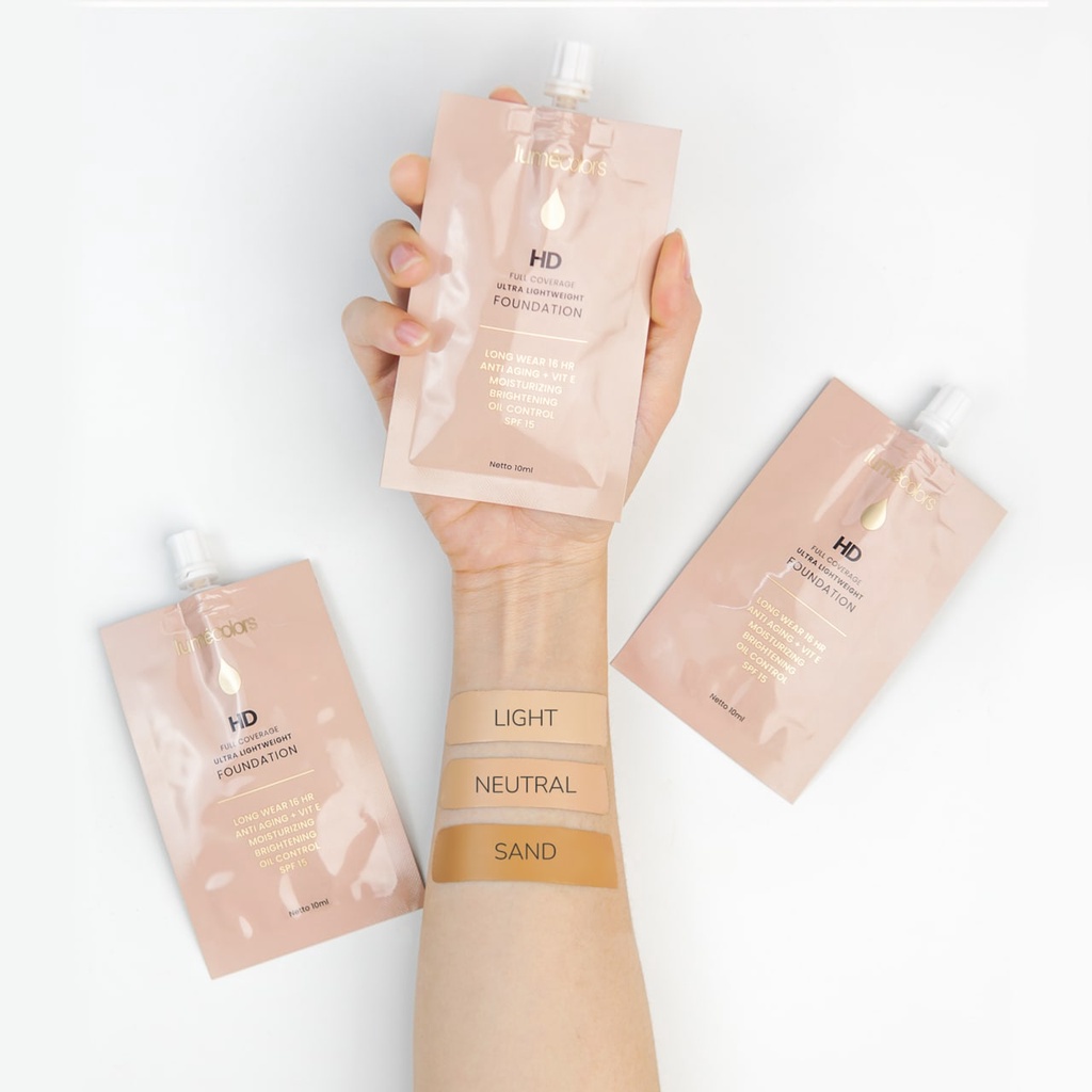 (Free Emas)  Lumecolors HD Full Coverage Ultra Lightweight Foundation Sachet 10ml warna SAND