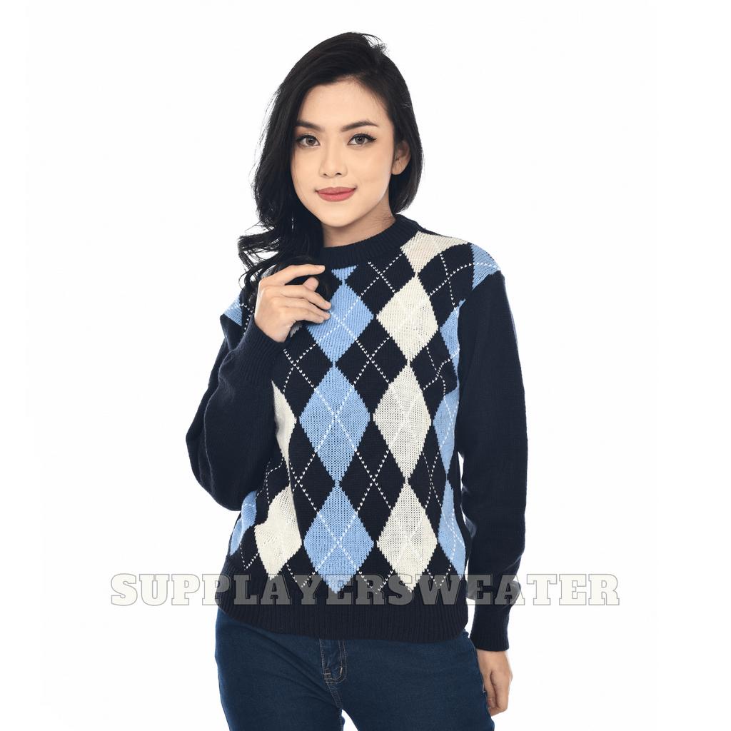 Sweater Rajut wanita Rajut Kotak Kotak/argyle Korea Gaya Retr/ kerah bulat