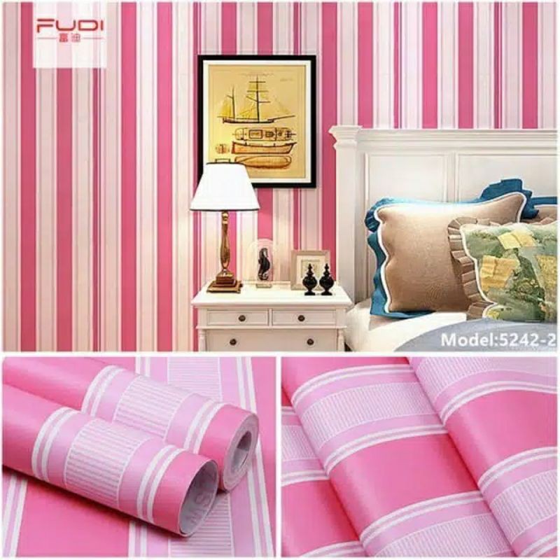 Wallpaper Dinding Motif Salur Pink Ukuran Panjang 10Meter x Lebar 45Cm