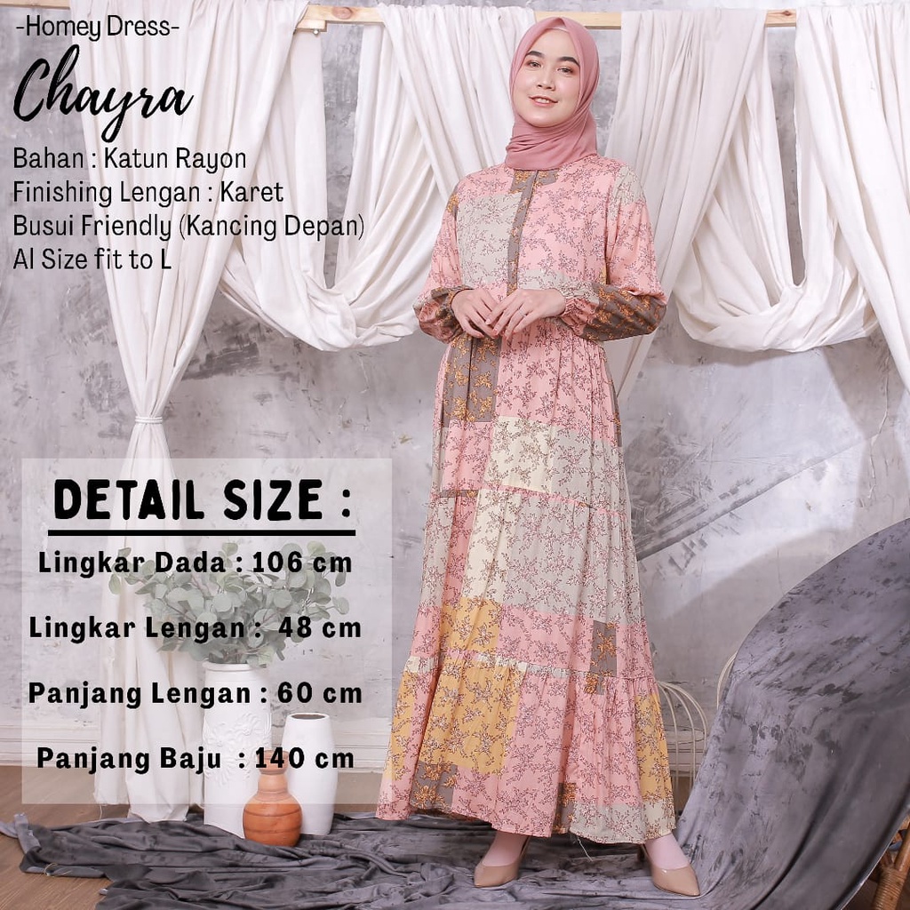 Gamis Dewasa-Homey Dress Motif Daun-Homey dress Chayra-Bahan Katun Rayon Premium-Gamis syari