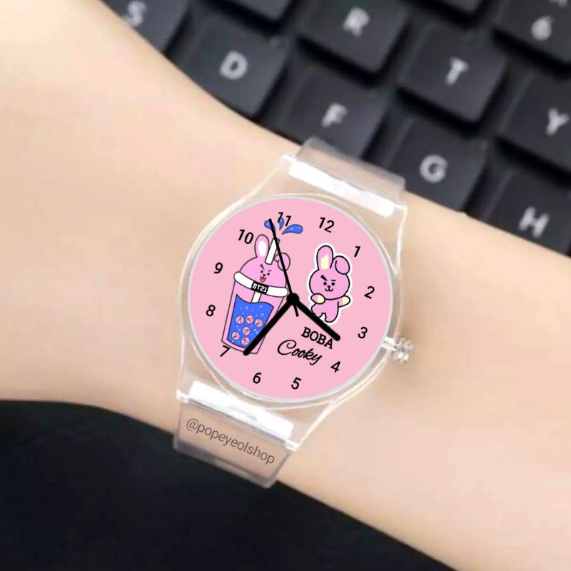 Jam tangan anak karakter boba bt21 transparan ukuran kecil