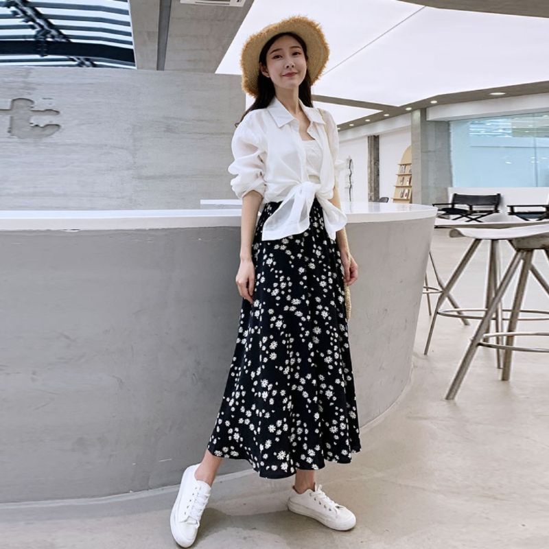 1 MIDI SKIRT A LINE IMPORT / ROK BUNGA DAISY BLACK WHITE / ROK DAILY WANITA KOREAN BAHAN SIFON-3