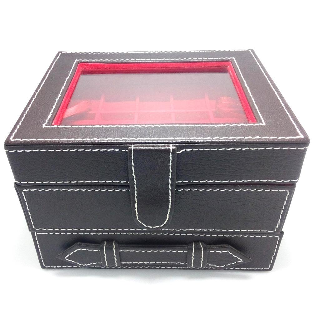 Kotak Batu Akik / Box Cincin Batu Akik Kaca Jahit 2 Tingkat - isi 20 Akik 9 kotak - Coklat dlm Merah