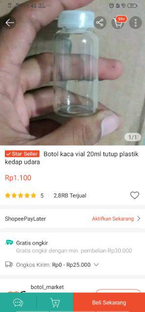 Botol Kaca 20ml Vial Tutup Plastik Kedap Udara