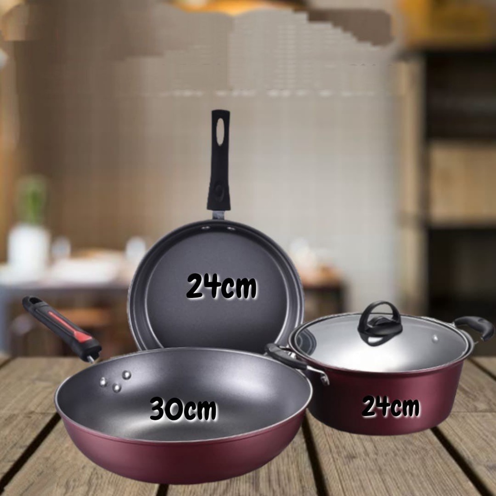 Panci Wajan Teflon Set isi 3pcs / Panci Teflon Penggorengan Set