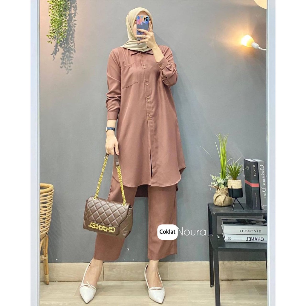 Noura One Set Wanita Tunik Shakila Premium Setelan Wanita Lengan Panjang Set Baju Muslim Kekinian LD 110 cm