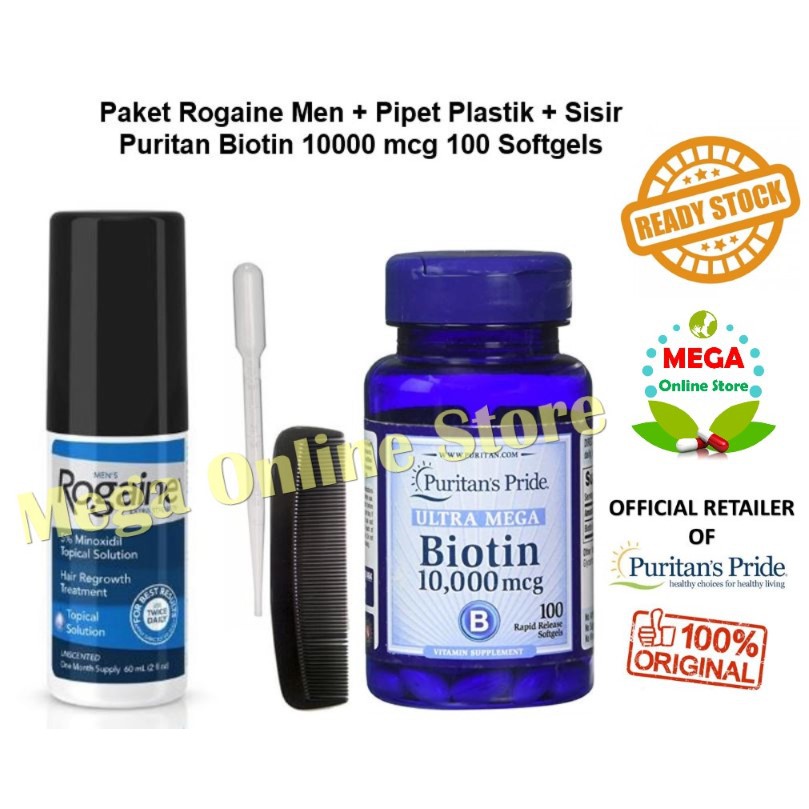 Paket Rogaine Men Minoxidil 60 ml + Puritan Biotin 10000 mcg 100 Softgels