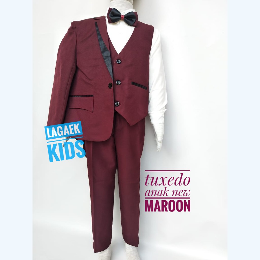 Jas Anak Tuxedo Anak Tahun 4 - 10 - Setelan Tuxedo Anak Setelan Jas Anak Laki Premium MERAH MARUN Usia 4 -10 Tahun 8in1 - Setelan Tuxedo Maroon Dasi Kupu