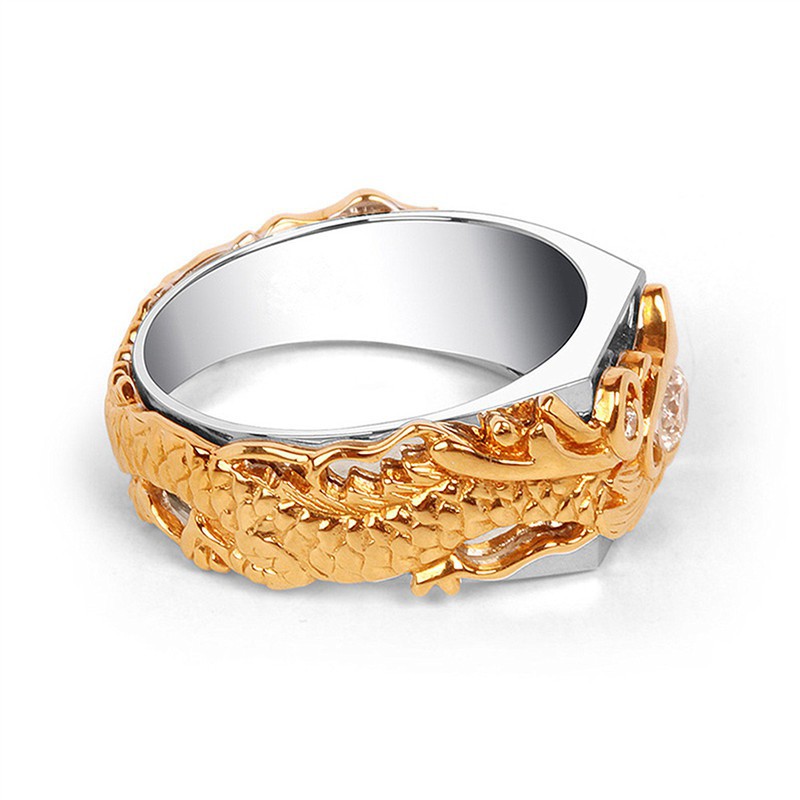 Cincin Motif Naga Warna Gold untuk Pria/Men's Sliver Domineering Dragon Rings