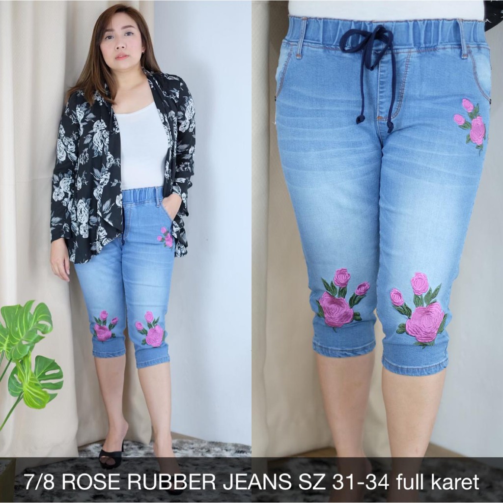 CELANA JEANS PENDEK WANITA JEANS BIG SIZE 7/8  JEANS BORDIR BUNGA