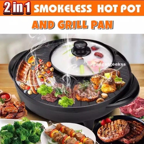 GRILL PAN LISTRIK BULAT JUMBO BBQ HOTPOT KOREA JEPANG STEAMBOAT TEPPANYAKI ANTI LENGKET HOT POT BBQ 2 IN 1 BAKAR BAKSO Sate Sosis Rebus Goreng Bakar Panci Listrik Barbeque Steamboat Teppanyaki Panggangan