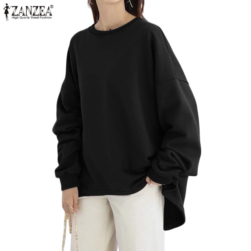 ZANZEA Womens Long Sleeve Loose Casual Sweatshirt Pullover Plain High Low Sweater Shirt