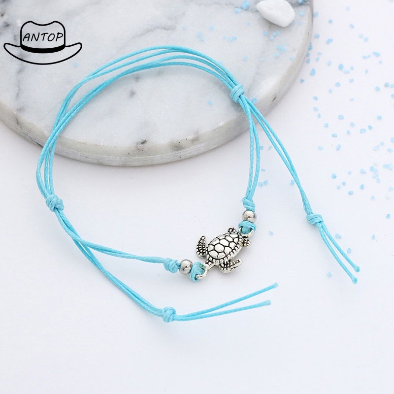 Gelang kura-kura tali rami antik, Buatan tangan anyaman perak, Gelang kura-kura kuno, Grosir gelang hitam polos ANTOP