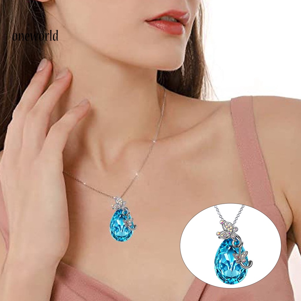 |Onwo Dress Mini Lengan Pendek Untuk Wanita| Kalung Rantai Desain Butterfly Waterdrop Aksen Kristal Imitasi Warna Biru Bahan Silver Plated Untuk Wanita