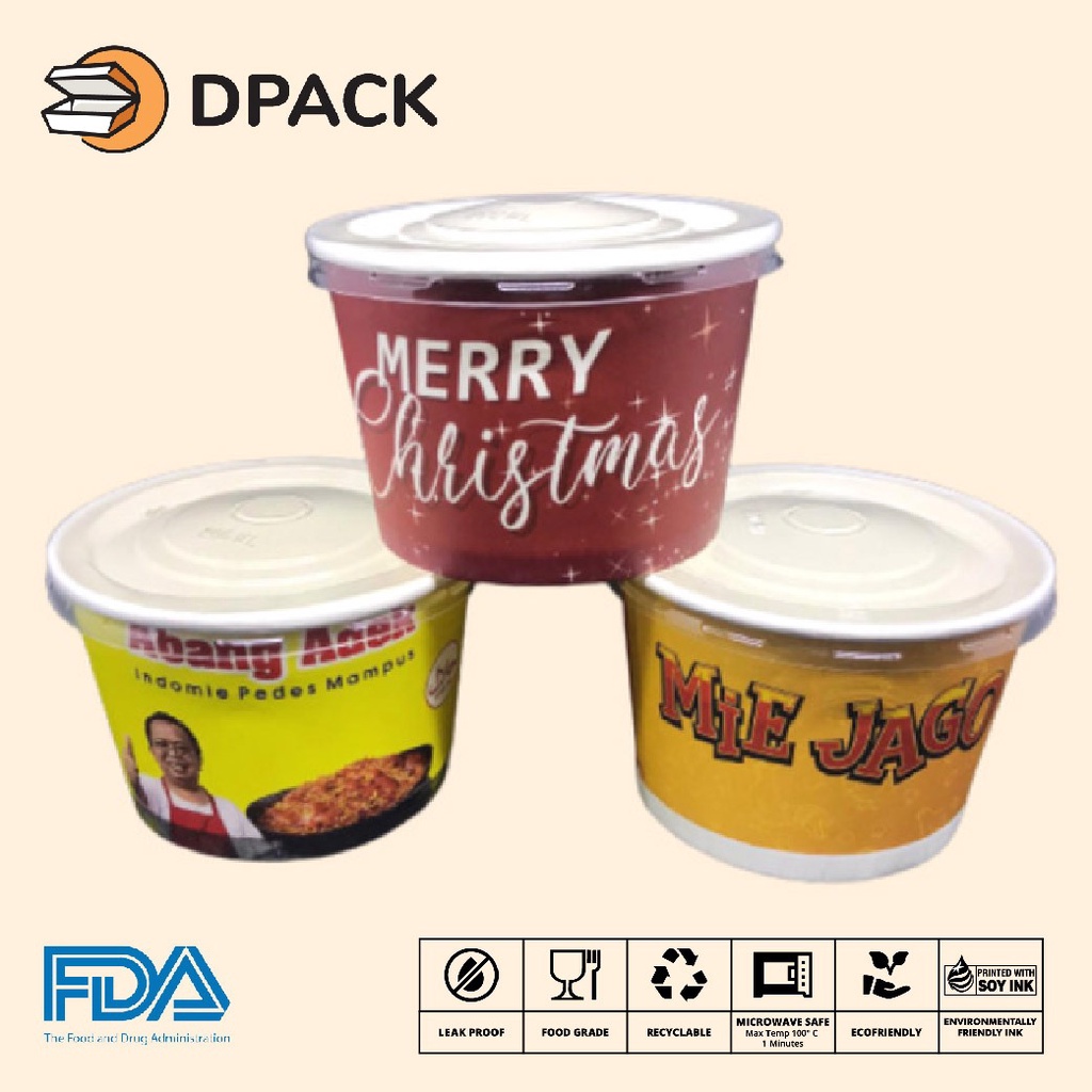 CUSTOM PRINT Paper Bowl 800 ml + Tutup / Lid | Min. 500 pcs | Cetak Logo Brand Mangkok kertas Mangku