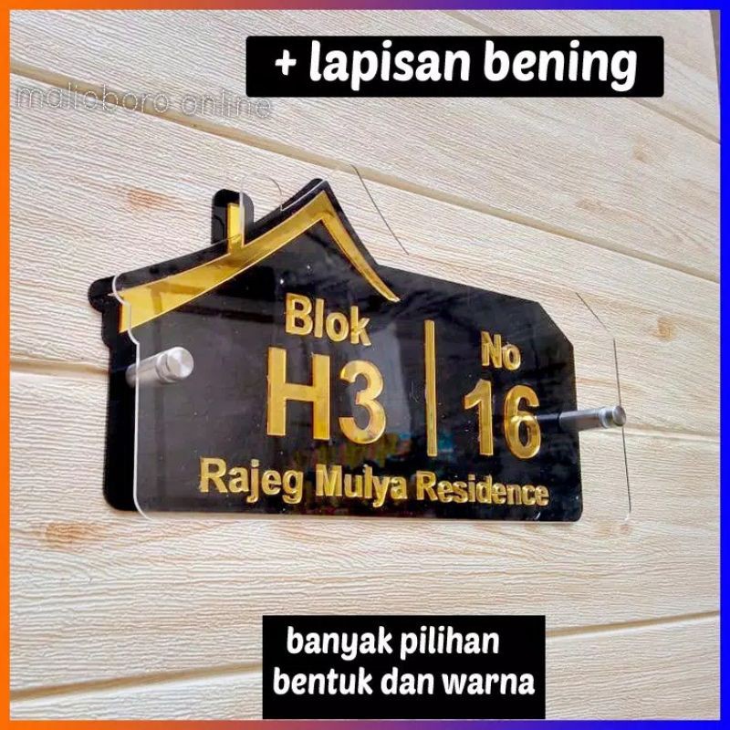 Papan Nomor Rumah Akrilik Mirror Nomer Rumah Premium Acrylic Mewah Premium Nomor Rumah 2 Lapis Emas “HURUF TIMBUL”Plus Pen