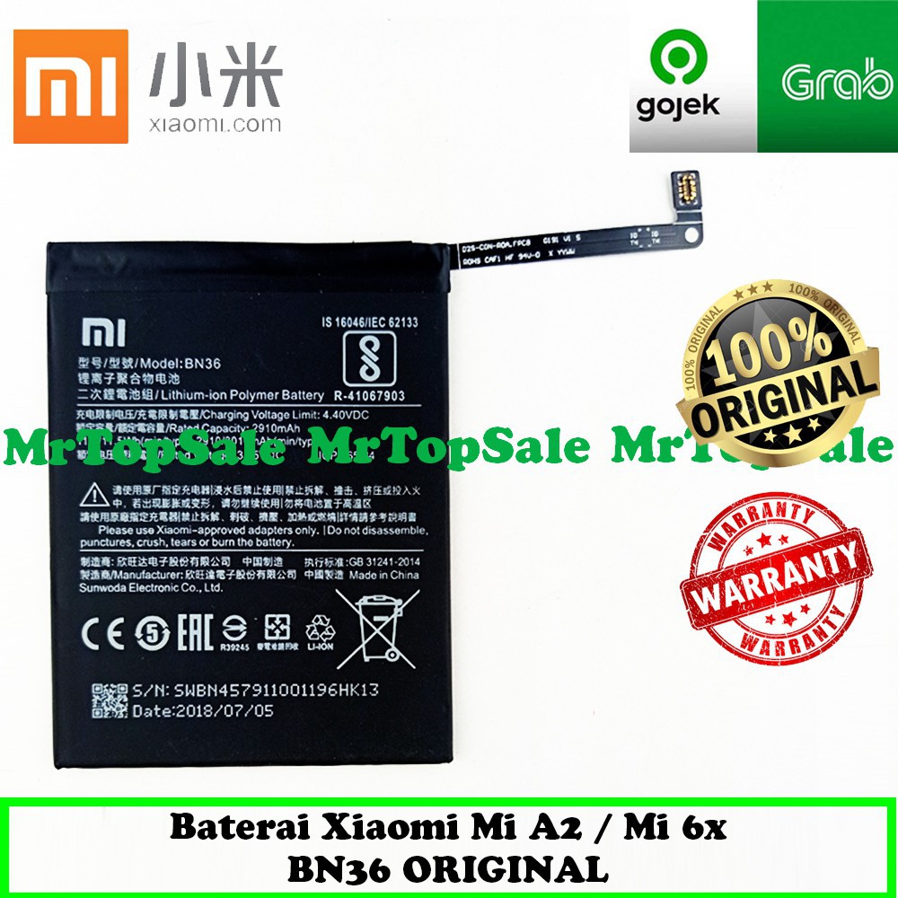 Baterai Handphone Xiaomi Mi A2 / Mi 6x / BN 36 / BN36 / BN-36 ORIGINAL Batre Battery Batrai HP