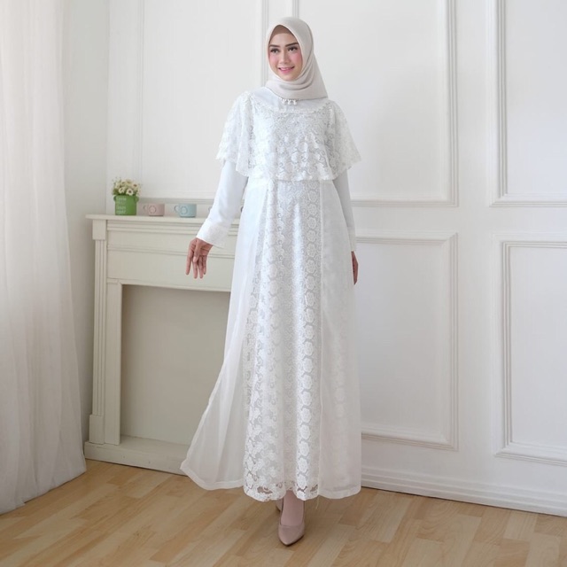 Gamis Putih Wanita Brukat size XL / Untuk akad nikah / Umroh / Kondangan / Lamaran