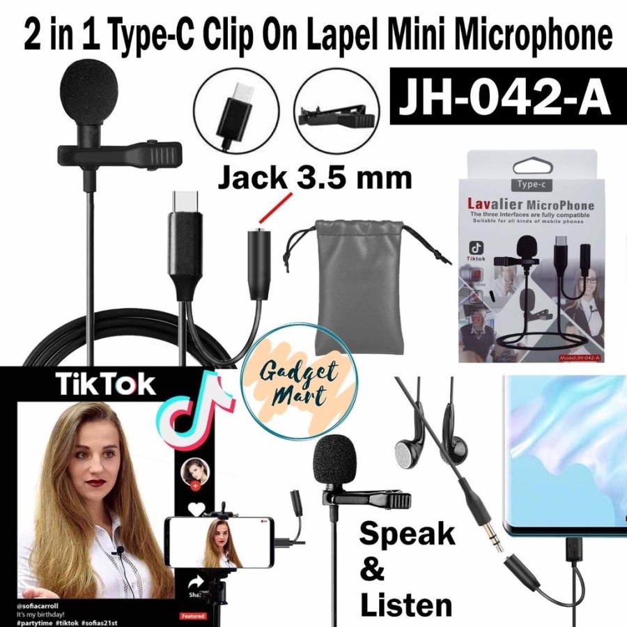 Microphone Mic Clip On Type-C + colokan female 3.5mm Lavalier JH-042-A