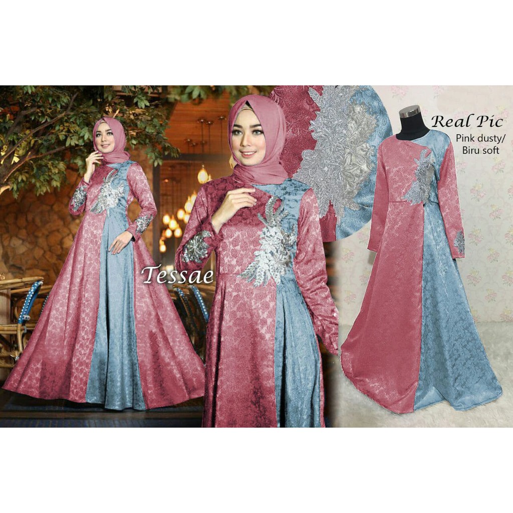 HOT PRODUK121224 GAMIS PESTA TESSAE PINK DUSTY-BIRU SOFT