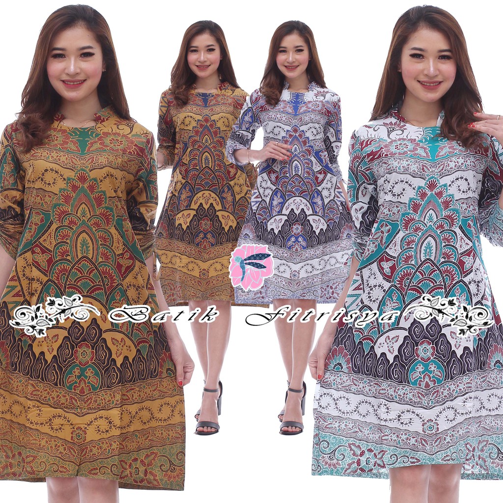 TUNIK DRESS BATIK WANITA JUMBO MOTIF MEGA MENDUNG COKLAT BIRU HIJAU TOSCA MODEL TERBARU & TERLARIS