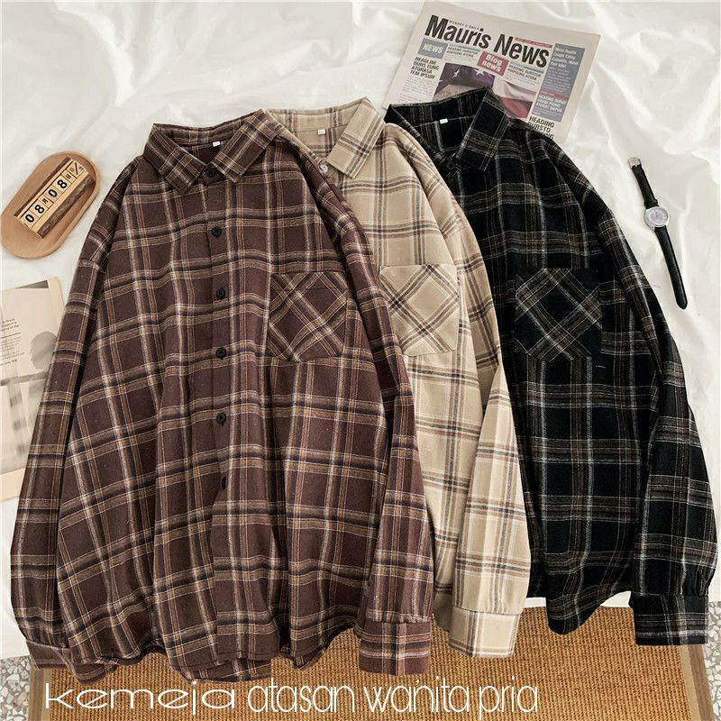 Kemeja flanel wanita panjang kemeja wanita atasan wanita flannel kotak kotak wanita