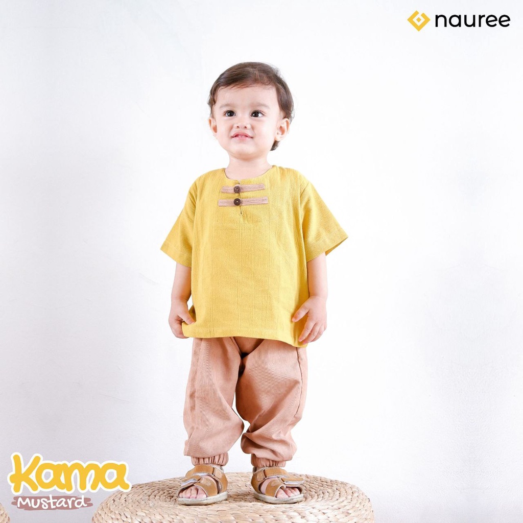 Nauree - Baju Setelan Anak Laki Laki Kama Untuk Usia 1 2 3 4 5 6 7 8 Tahun Warna Mustard Demin Polos Bahan Linen Crinkle &amp; Baby Coduroy Kualitas Premium Untuk Jalan Jalan Lembut Modern Lucu Trendy Murah Jahitan Rapih