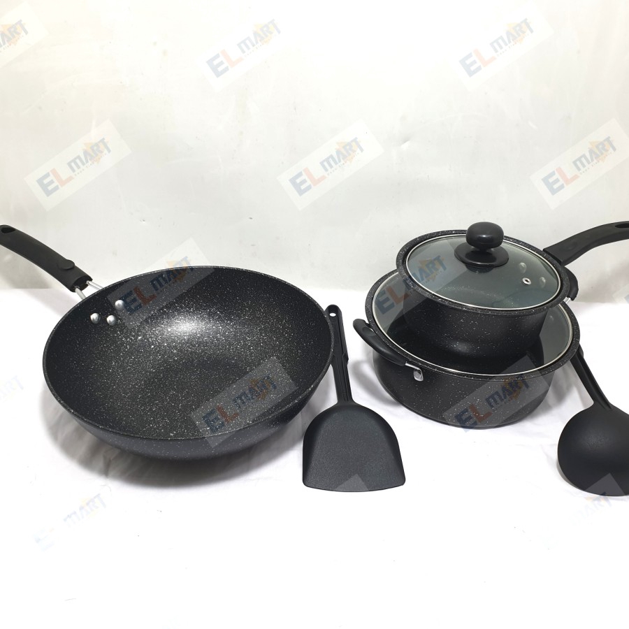 Panci Wajan Set Marble Asta Marbello Cookware Set 7 Pc Anti Lengket mewah dan elegan tutup kaca ori