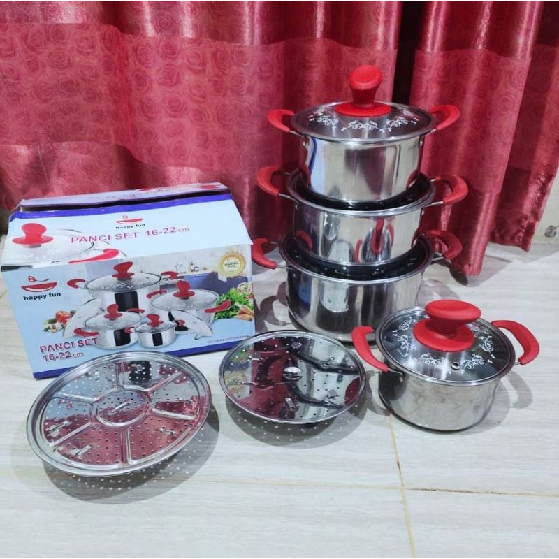 Banting Harga Panci Set Happy Fun 10pcs Stainless Steel 16-22cm | Panci Steamer Dandang Bljdn9Iwy79JVL