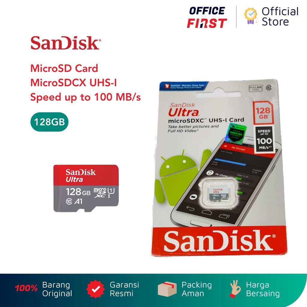 SanDisk Ultra MicroSDXC UHS-I 100 MBps 128 GB Memory Card Kartu SD A1