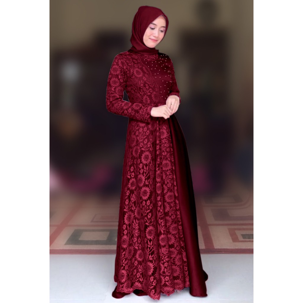 HOPYLOVY - Gamis Wanita Maxi Carissa Velvet Kombi Brukat Corneli Mutiara Tabur