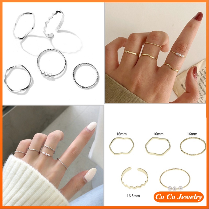 5pcs / Set Cincin Jari Telunjuk Bentuk Geometris Aksen Mutiara Gaya Korea Untuk Wanita