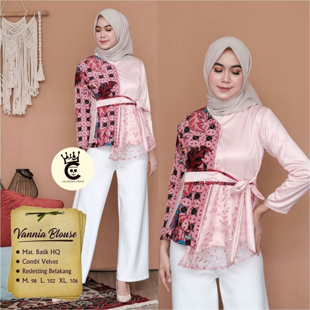 Atasan Blouse Batik Wanita Kerja- Blus Batik-Fashion Wanita Modern Kombinasi Brokat Tile  Velvet-pink
