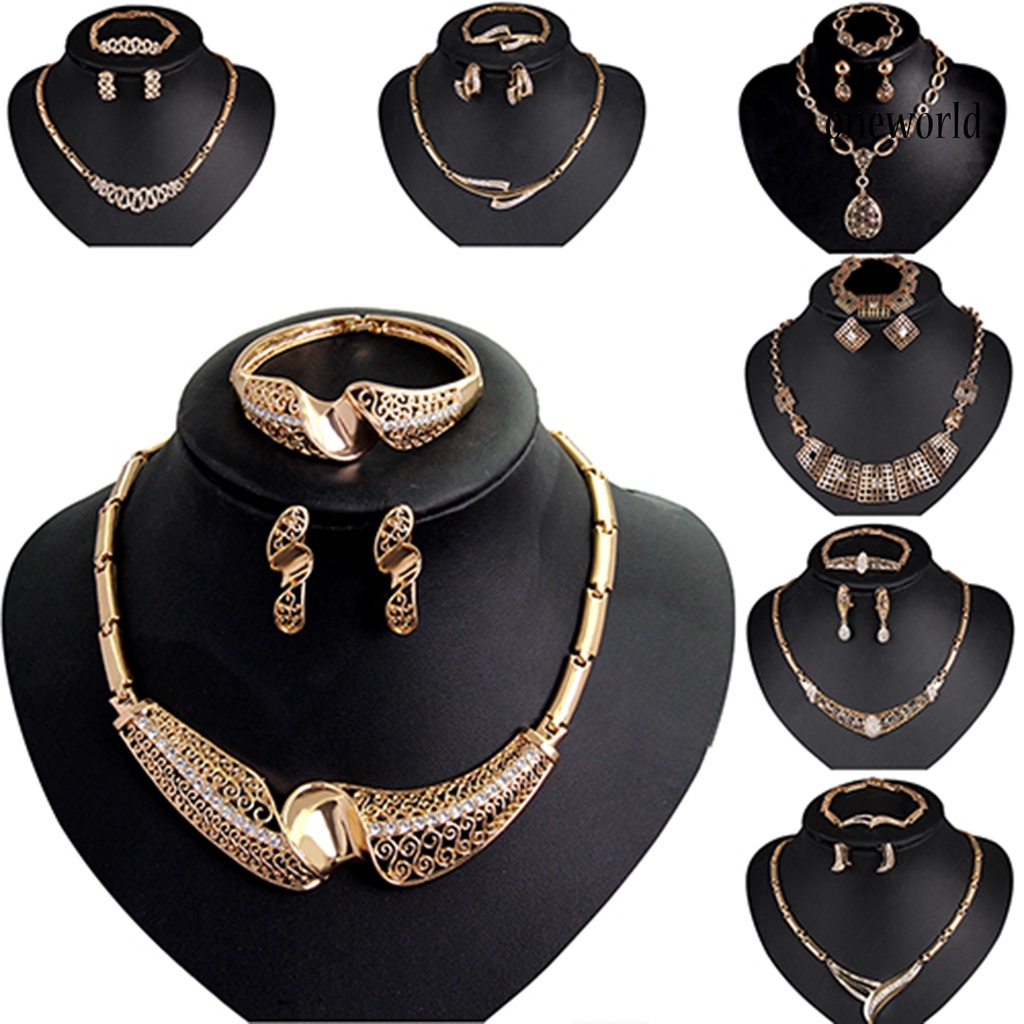 OW@ Women Waterdrop Hollow Statement Collar Necklace Ring Earrings Bracelet Set