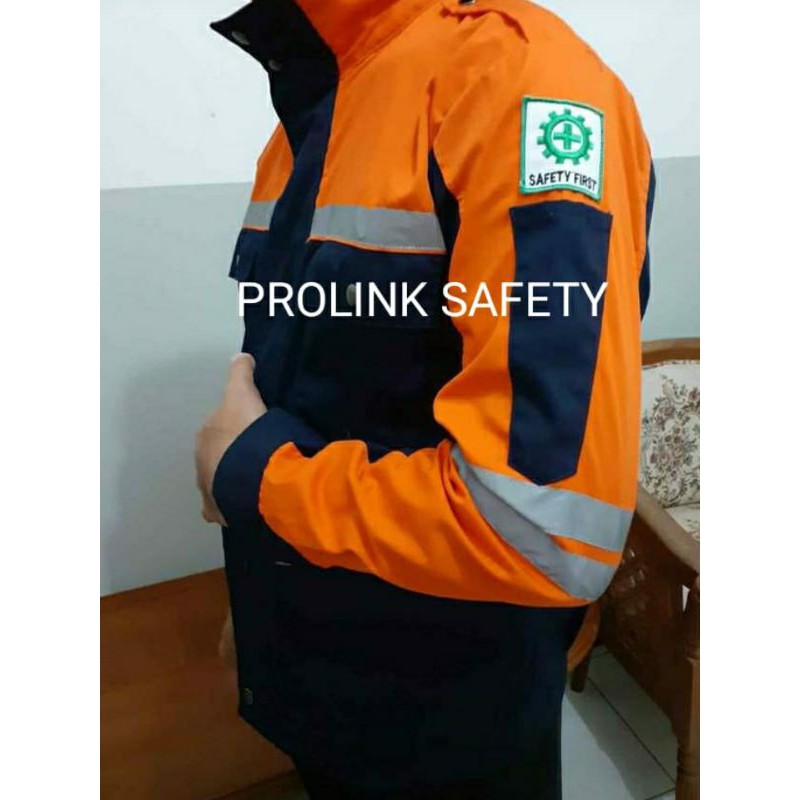 SERAGAM SAFETY ATASAN SEMI JAKET DONGKER KOMBINASI ORANYE RESLETING