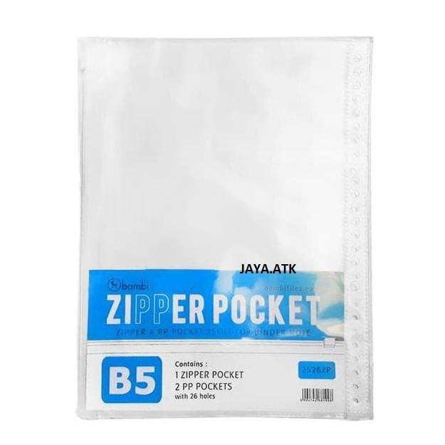 

[KODE 6FZBM] MAP PLASTIK ZIPPER POCKET ZIP BAG SLETING B5 26 RING MULTIHOLES BENING TRANSPARANT 2526ZP BAMBI