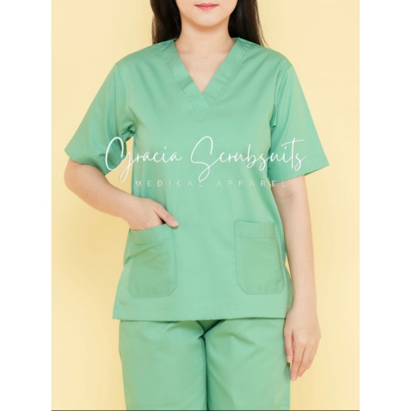 READY STOCK!  GRACIA SCRUBSUITS - stel v neck baju jaga jamal scrubsuits baju oka OK APD dokter MURAH lengan pendek AMERICAN DRILL PREMIUM