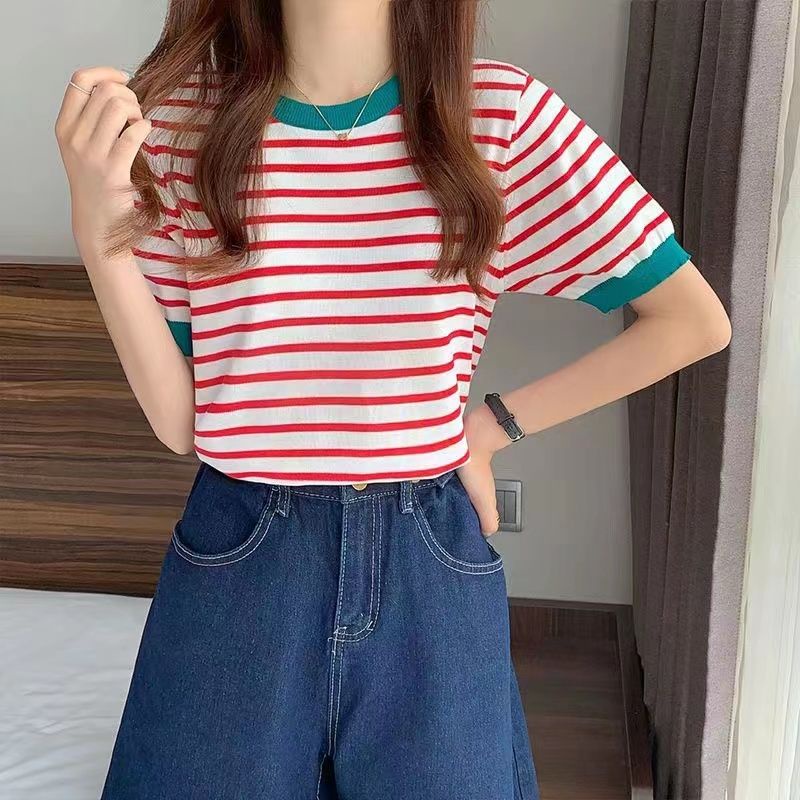 Velma Stripe T Shirt Top Knit Import - Kaos Wanita Lengan Pendek - Atasan Wanita Salur TM (B170)