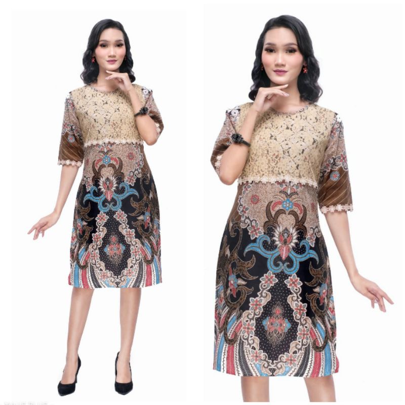 Dress Batik Wanita Jumbo 4L-5L Tunik Big Size Batik Modern Kombinasi Brokat GVN-Cr