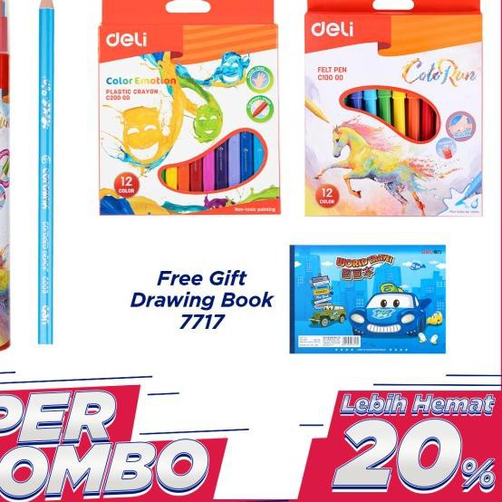 

♘ Deli Combo Set 3 - Crayon+Felt Pen+Pensil Warna 12C Free sketchbook ♞