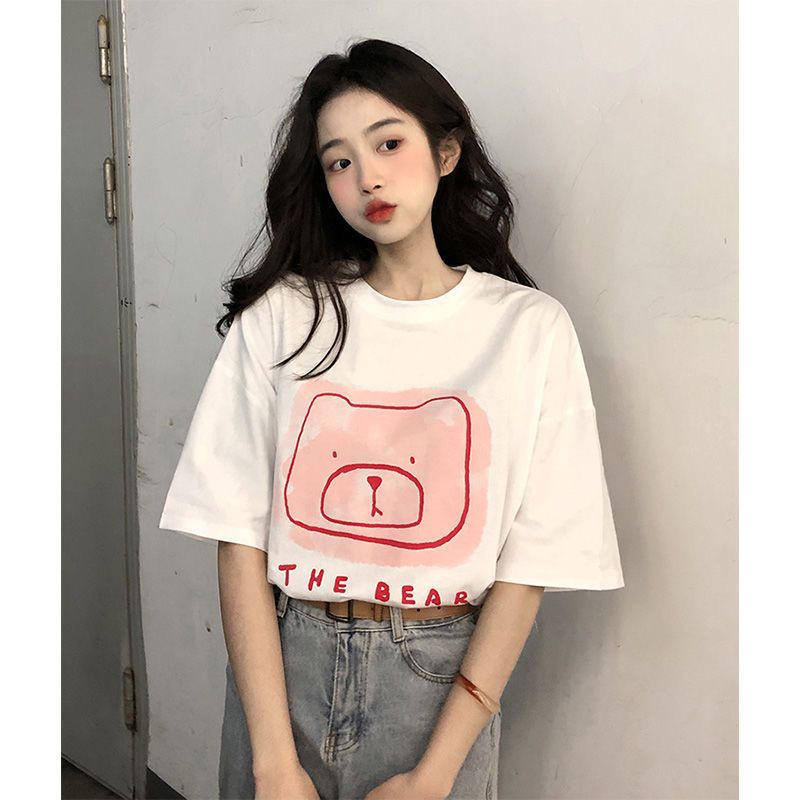 THISTLE - Oversize Tee Tshirt Wanita Model Longgar Motif The Bear Pink 2