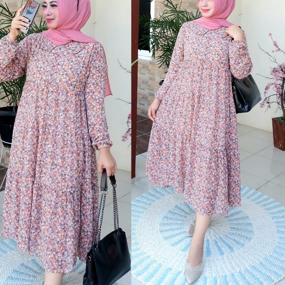 ハ BISA    MIDI DRESS BAHAN CERUTY BABY DOLL MOTIF BUNGA  , MIDI DRESS KECE , DRESS KEKINIAN Baru