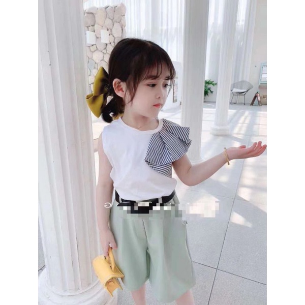 setelan baju anak perempuan asimetris import + celana kulot free belt 1 s/d 6 tahun-1
